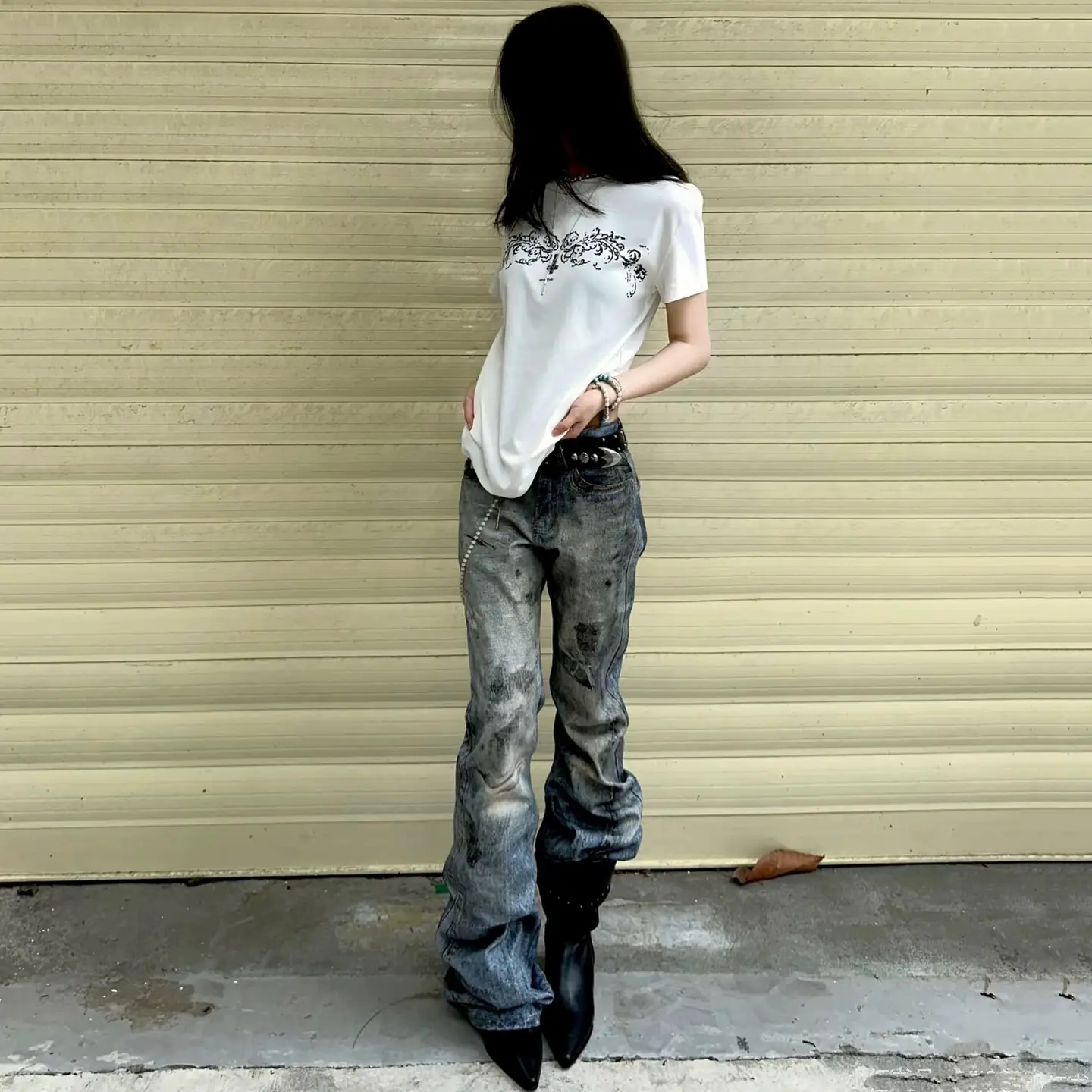 3D Digital Printed Jeans with Stain Blue Vintage Distressed Wash, Slightly Flared Cleanfit Slimming Long Pants for Men and Women