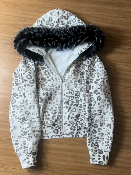Autumn and Winter Fur Collar European and American Cross-Border Wholesale Retro Y2K Men's and Women's Personalized Street Trendy Printed Hooded Zipper Sweatshirt
