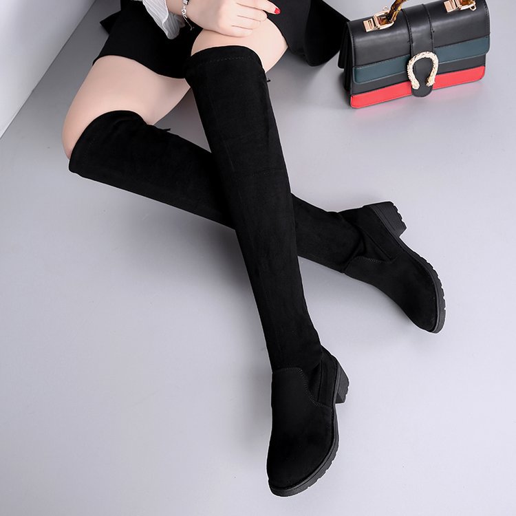 2024 Autumn and Winter Long Boots Over-knee Flat Bottom Elastic Slim Black Over-knee Long Boots Suede Student Low Heel plus size