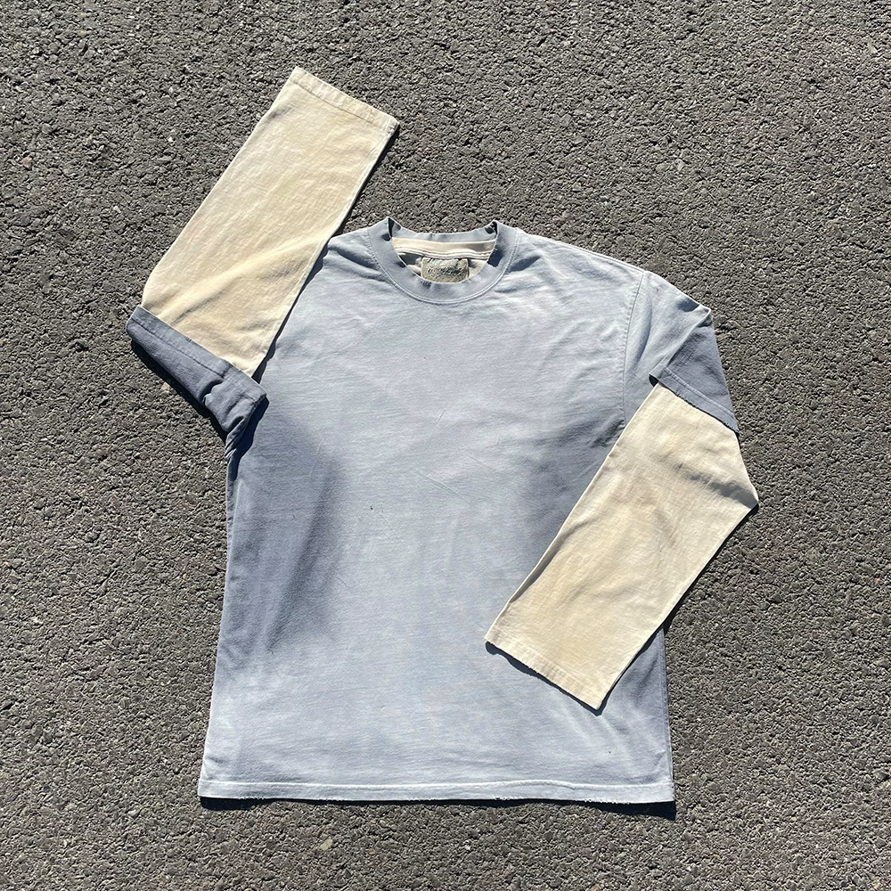 Heavy weight 260g long sleeved T-shirt real two-piece set design, niche couple hanging dye short sleeved matching style