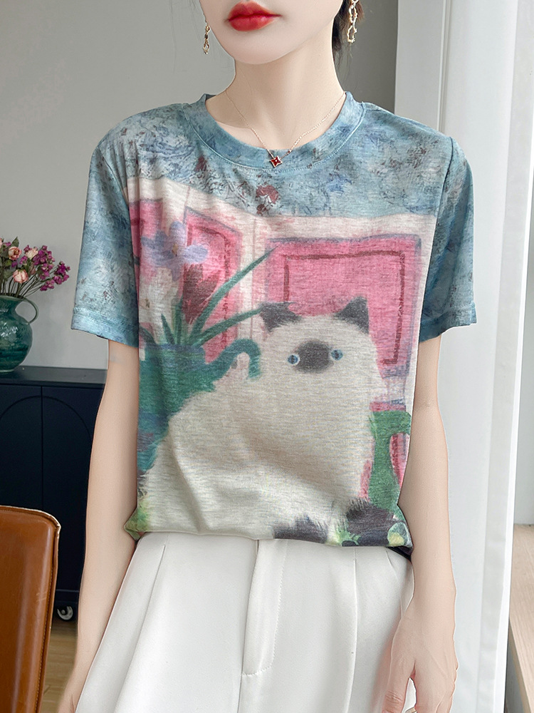 Lazy Style Top, New Summer Fashion, Gradient Round Neck T-Shirt for Women, Regular Shoulder, Niche Fashion Print, Thin Short Sleeves