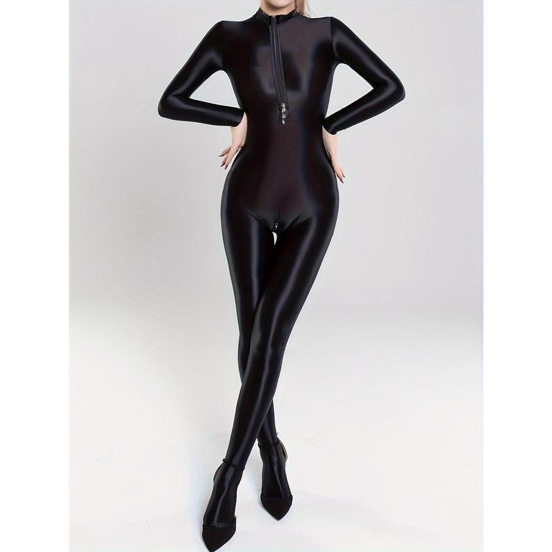 W 43104 Double Zip Satin Bodysuit Cross-Border