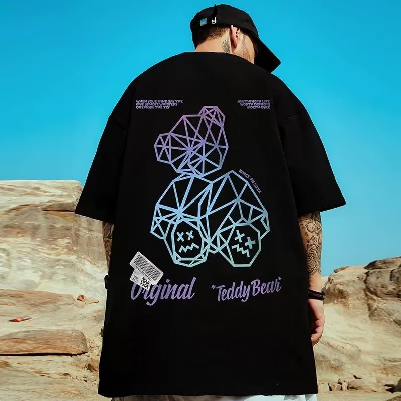 Fashionable Brand Large Size Oversize Bear Short-Sleeved T-Shirt Men's Street Hip-Hop Fashion Couple Casual Tops Summer New Style