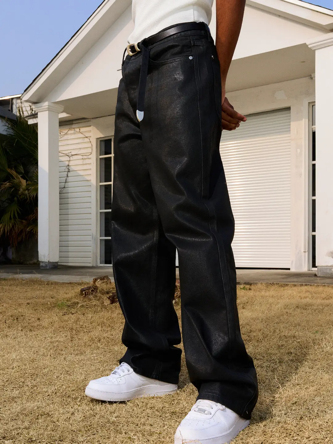 2025 American High Street Style Wax Pants Loose Casual Versatile Slim Straight Street Trendy Black Waxed Trousers