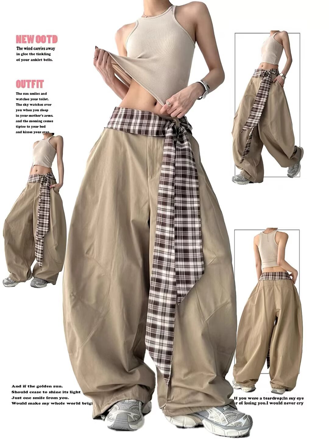 Cross-Border Summer New Style Patchwork Plaid Loose Wide-Leg Pants for Women, American Fashion Design, Versatile and Slimming Casual Pants