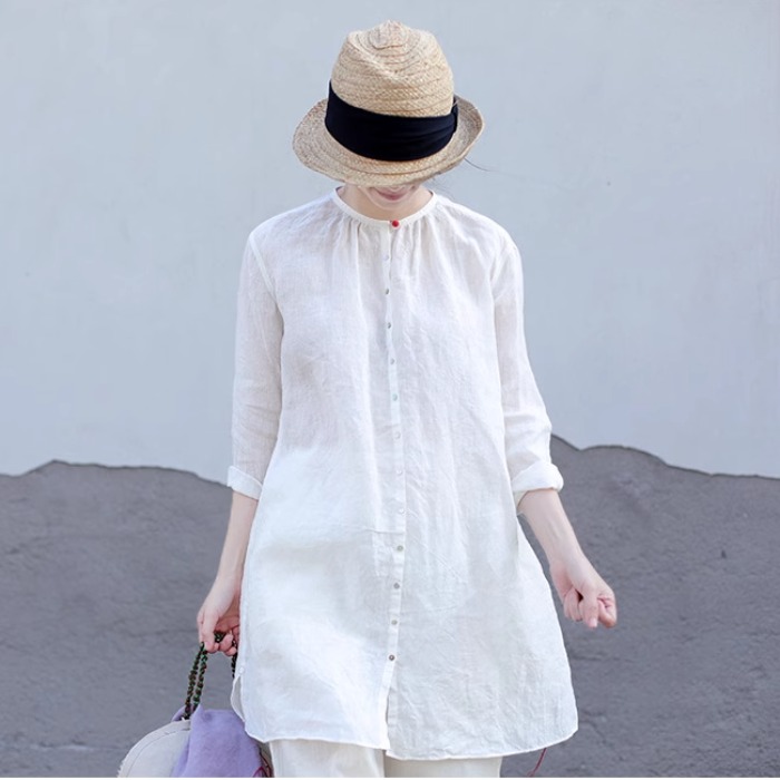 Mid-length Light Linen Sun Protection Shirt for Women in Summer Loose Slimming Look Casual Outer Wear White Cotton and Linen Cardigan Top