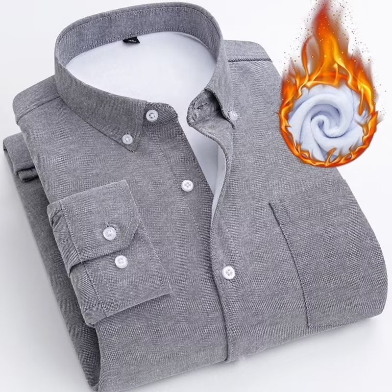 Autumn and Winter Fleece-Lined Thickened Warm Shirt, Oxford Fabric Long-Sleeve Brushed Casual Shirt for Young and Middle-Aged Men, Dad's Trendy Shirt