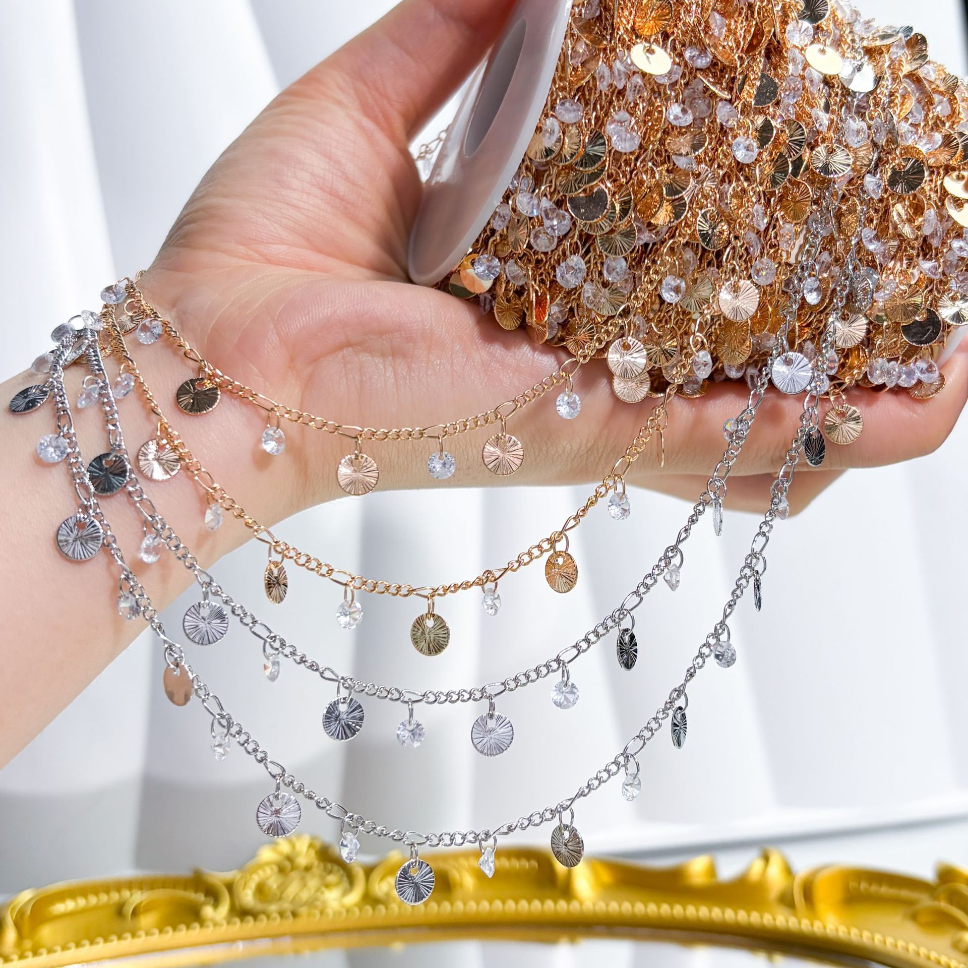 Chain DIY Zircon Disc Chain Full Copper Color-Preserving Bracelet Necklace Accessories Headscarf Decoration Materials Wholesale Disc Chain