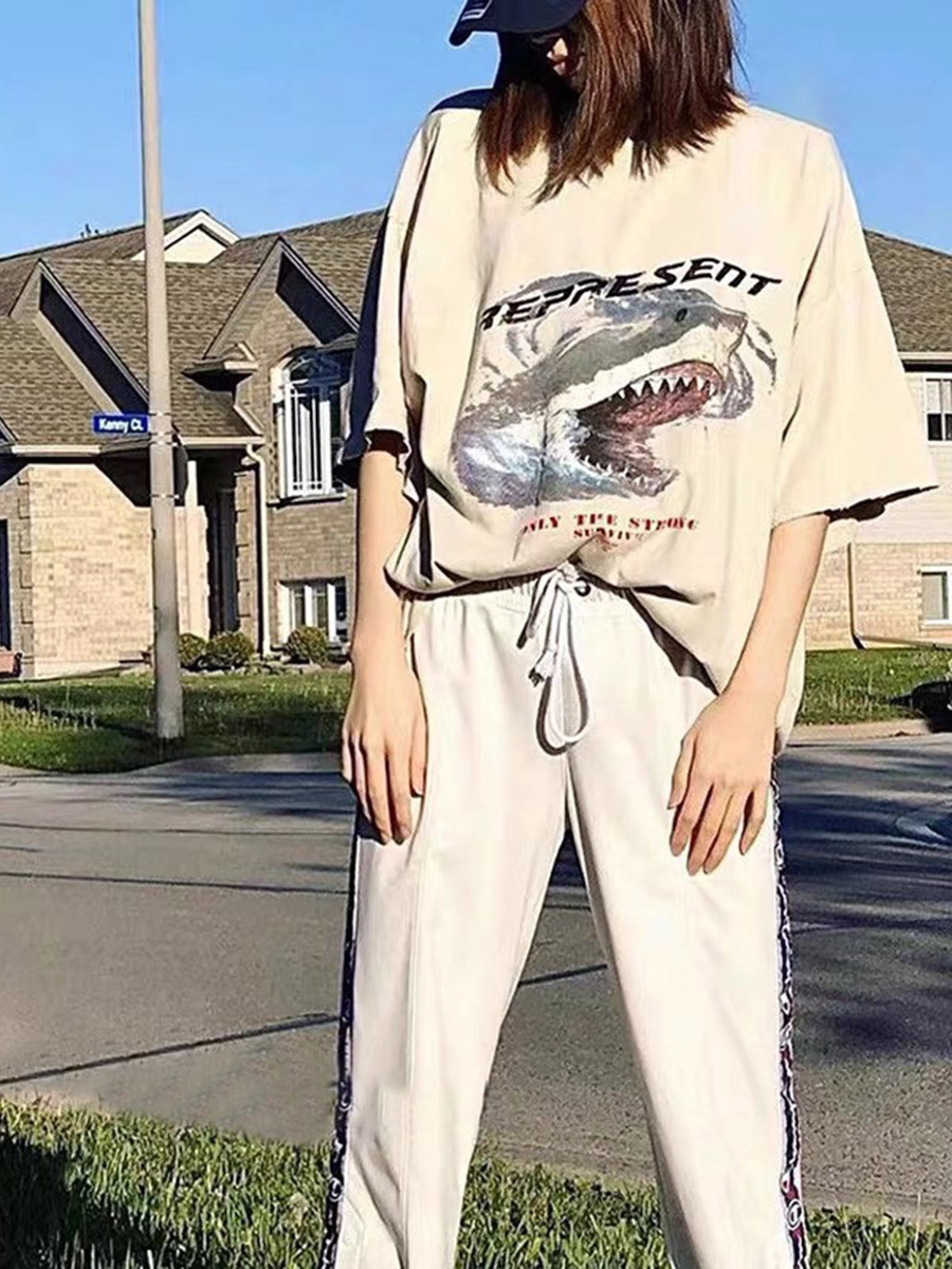 Represent Track Shark Print Washed Short-Sleeved Vintage High Street Destroyed Pure Cotton Distressed T-Shirt