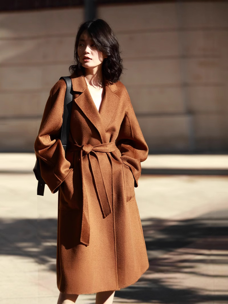 Shenghong 25 Autumn/Winter New m Brand Handmade Double-Sided Wool Water Ripple Pattern Coat Wool Cashmere Coat for Women 7202