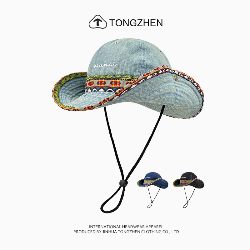 Ethnic Style Retro Embroidered Large-Brimmed Hiking Hat for Women, Spring and Summer Outdoor Hiking Sunshade, Fashionable Fisherman Hat That Makes the Face Look Smaller