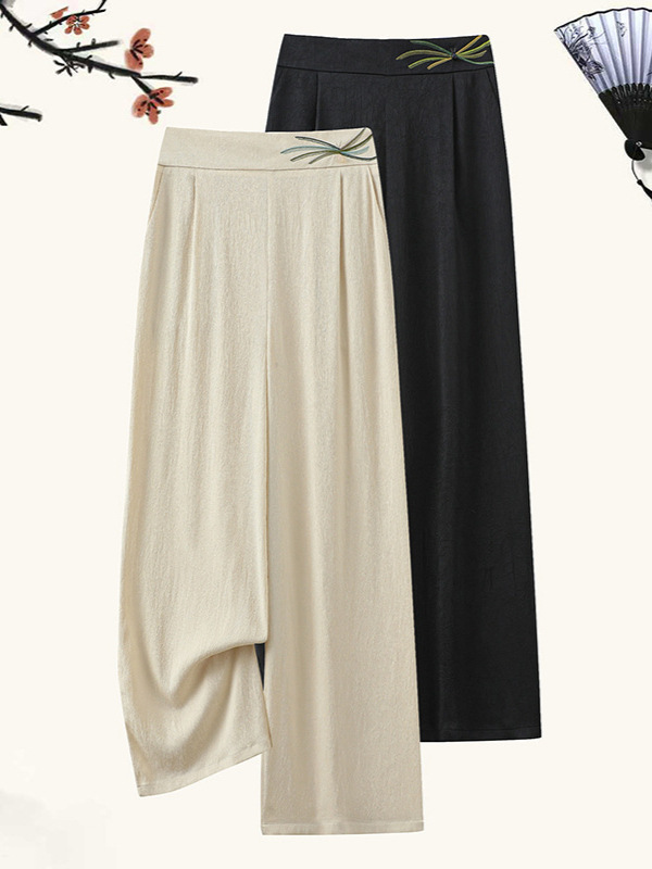 New Chinese-Style Silk Satin Straight-Leg Pants for Women, 2026 Summer New Model, Elegant Versatile Middle-Aged Women's Pants with a Draping Effect, Wide-Leg Pants