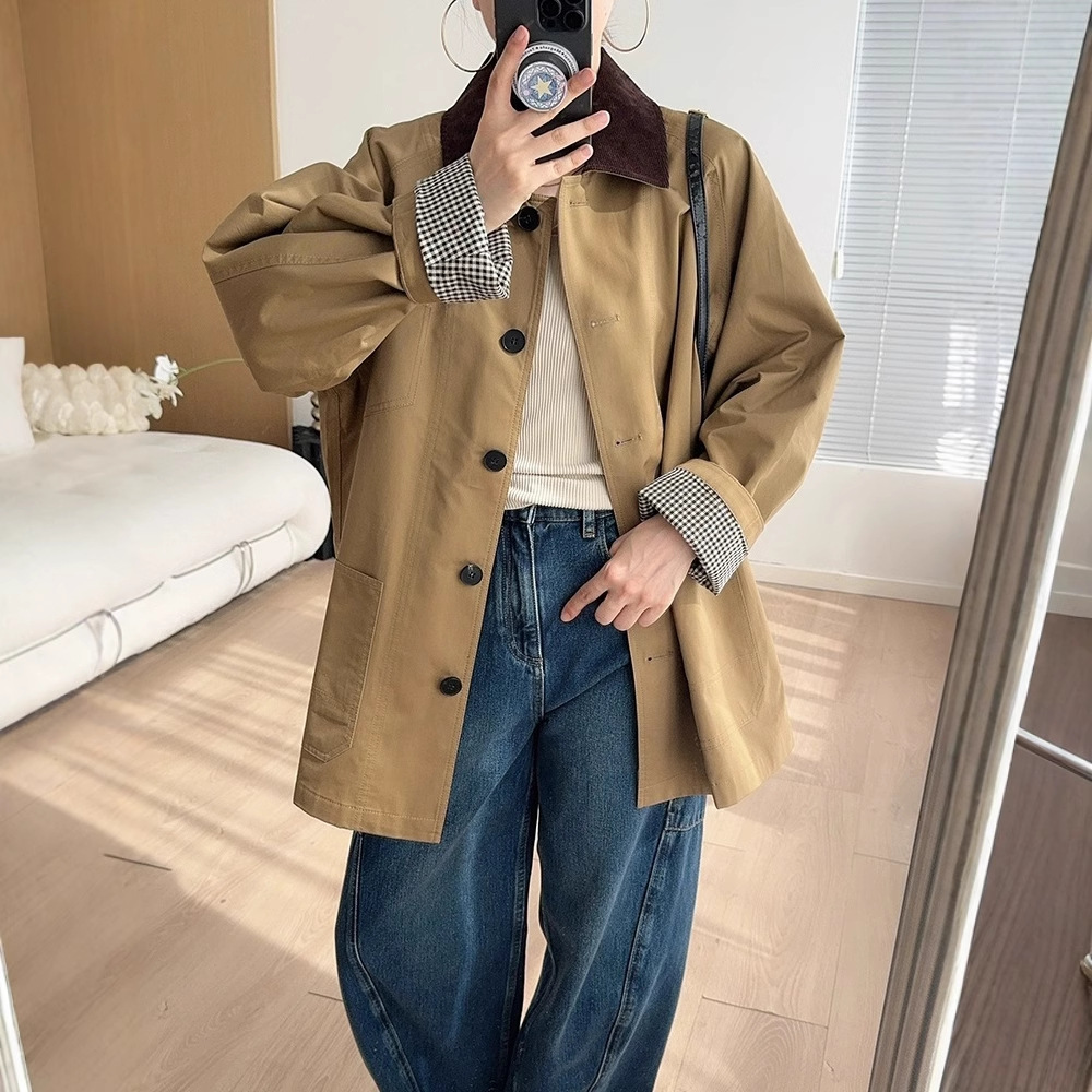 G-end! Old Qian Style Corduroy Collar Contrast Stitching Twill Cotton Loose Coat khaki Coat Women's British Style