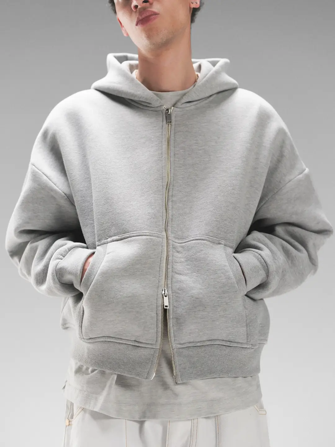 Blank Map American Style Short Boxy Double-Zip Hoodie Cleanfit Heavyweight 500g Structured Hoodie Men's Trendy