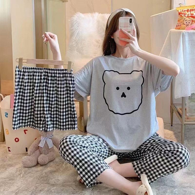 Women's Summer Pajamas New Style Ins Style 2025 Popular Korean Version Student Short-Sleeve Three-Piece Set Can Be Worn Outside as Loungewear