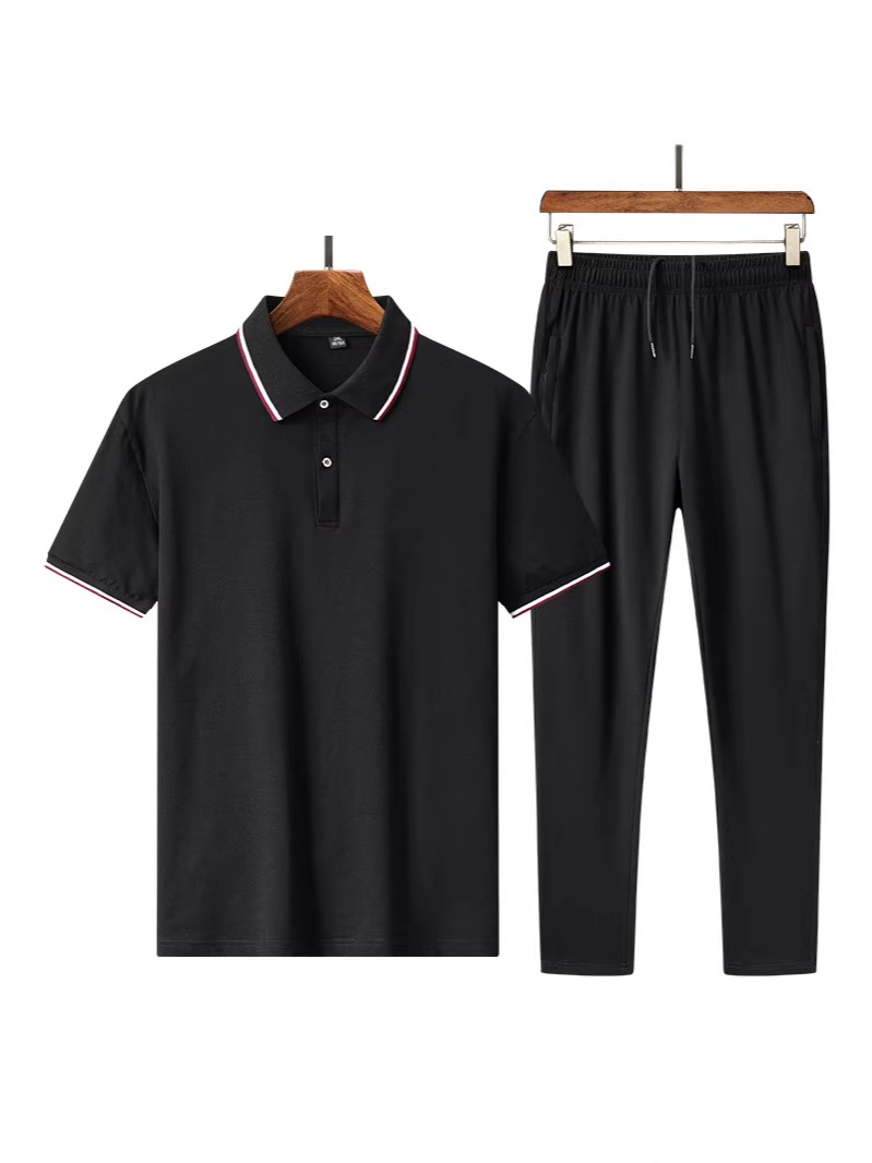 Pure Cotton Polo Shirt Casual Sports Suit Men's Summer Thin Short-Sleeved Long Pants Ice Porcelain Cotton Two-Piece Set with Printed Logo