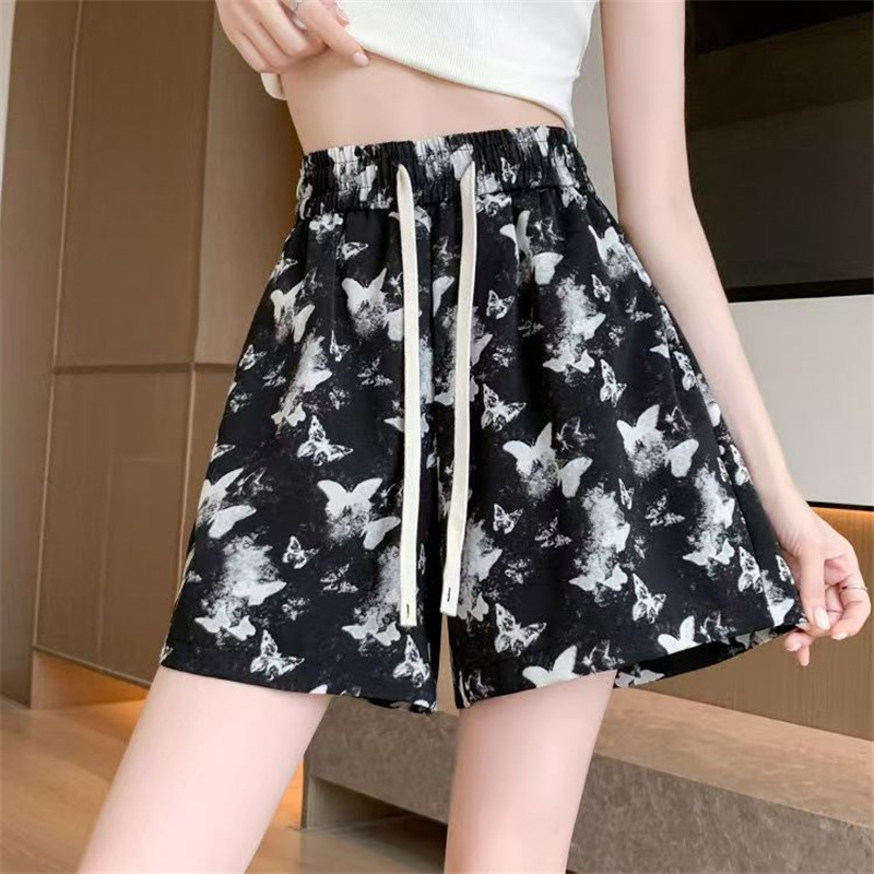 Ice Silk Butterfly Shorts Women's Summer 2024 New Thin High Waist Design Sense Sports Beach Pants Wide Leg Half Pants