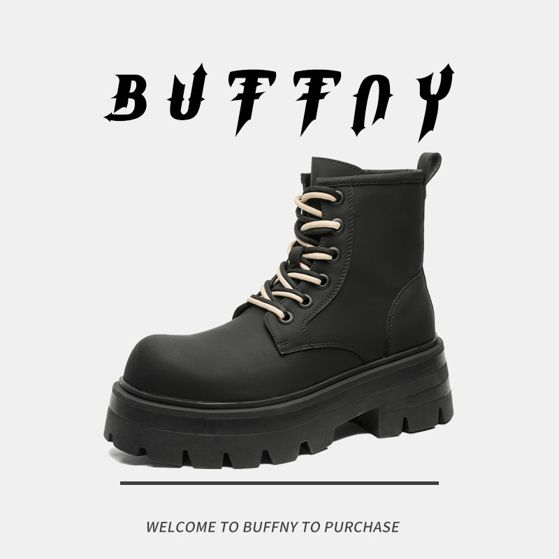 Trendy Brand Design Martin Boots Increased Lace-up Motorcycle High-top Leather Boots Men's High-end fleece-lined Tooling Boots for Autumn and Winter