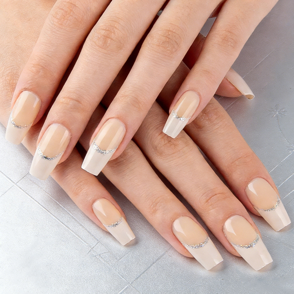 Daily Simple French-Style Nail Art with Silver Glitter Lines, European and American Glossy Manicure, 24-Piece Press-On Fake Nails
