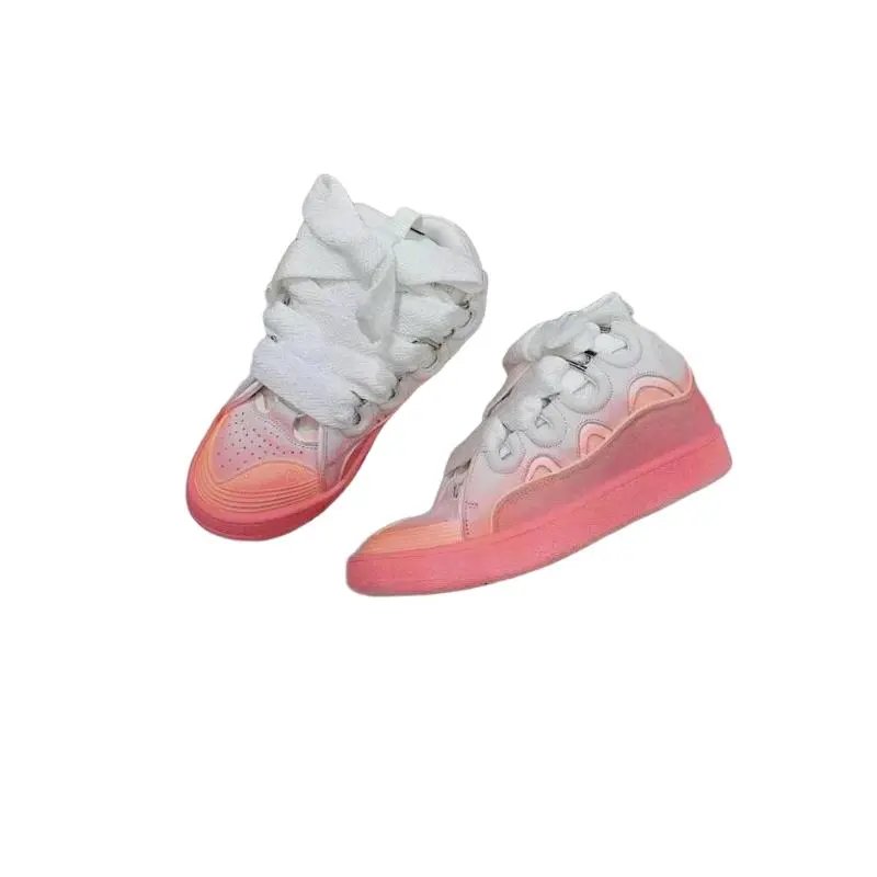 Foreign trade, the same style as Zhen Chengyi—genuine leather dad-style chunky sneakers, unisex couple’s design, thick-soled lace-up casual sports skate shoes.