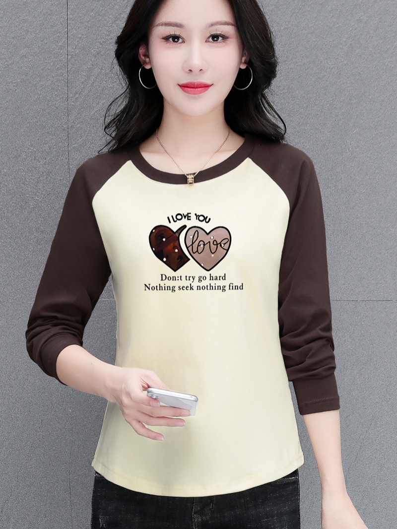 Raglan Sleeve Pure Cotton T-Shirt for Women 2025 Spring and Autumn New Fashion Patchwork Versatile Long-Sleeve Top Round Neck Base Shirt