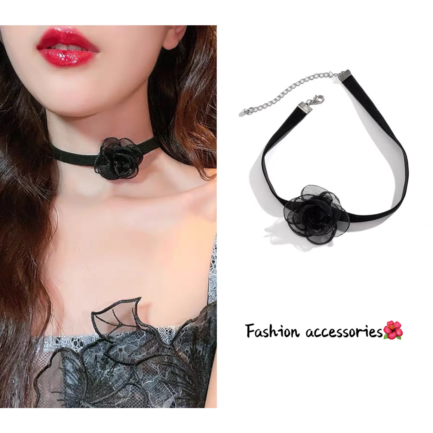 Elegant vintage Camellia choker titanium steel collar neck strap women's high-grade black neck flower clavicle necklace necklace