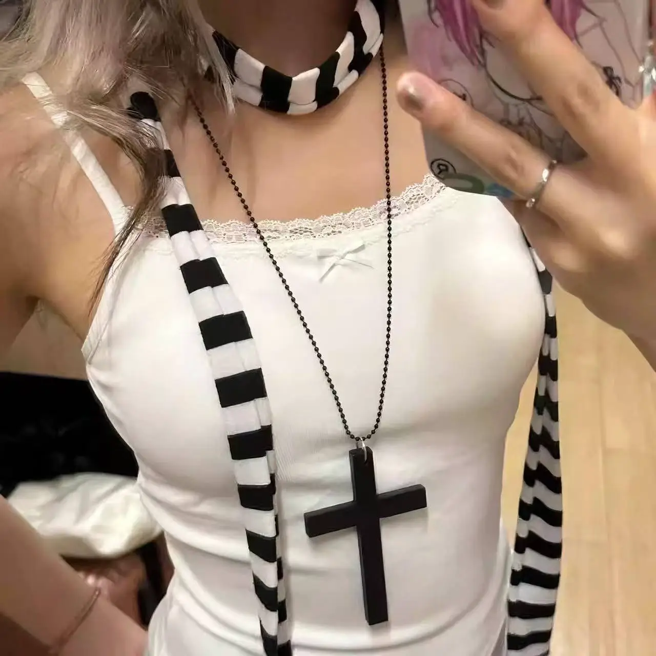 Diablo Wooden Black Cross Necklace Large Wool Chain Clavicle Chain Subculture Gothic Nuns Accessories Lolita