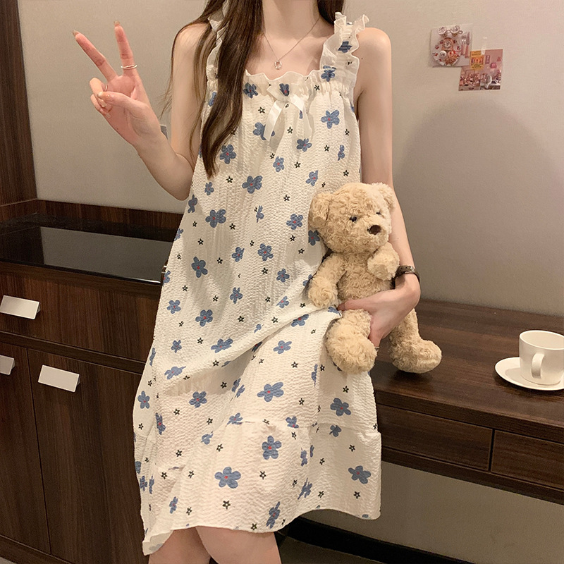 New Simple Satin Pajamas Shake Tone Same Style with Chest Pad Pastoral Style High-end Sling Nightgown Women's Home Clothes