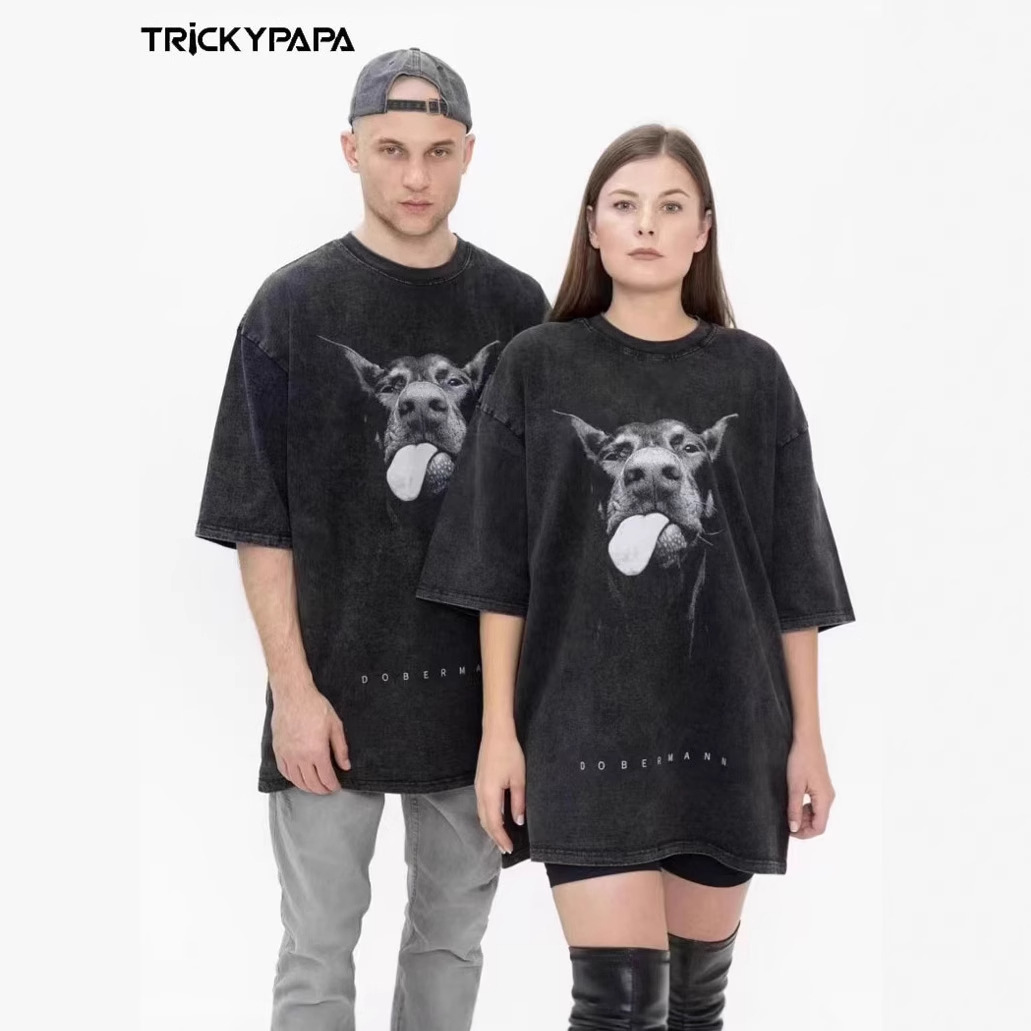 Doberman Printed T-Shirt Washed Retro Tkpa High Street Trendy Brand Loose Round Neck Short-Sleeved T-Shirt American Cotton T-Shirt
