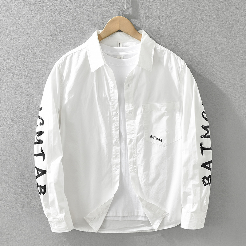 7383 Japanese Style Trendy Long-Sleeve Shirt for Men with Letter Print, Casual Versatile Loose Shirt, Men's Clothing, One-Piece Drop Shipping