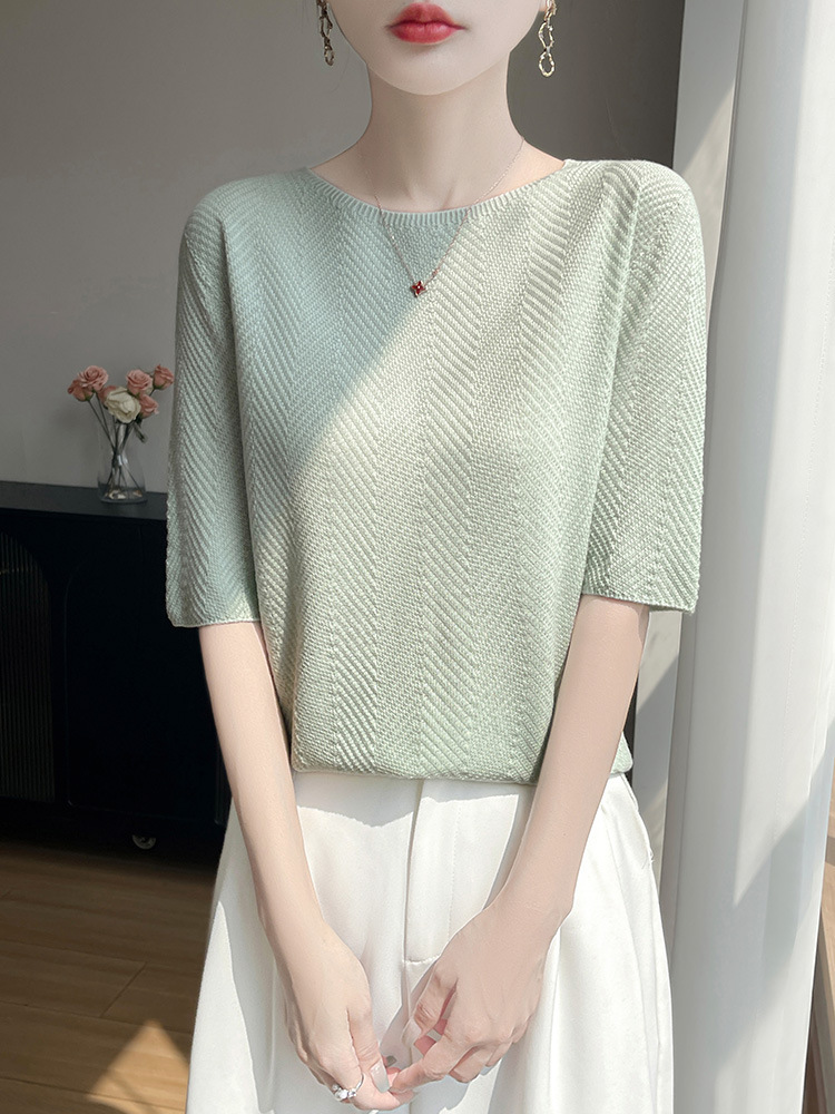 Fashionable and Simple Fishbone Pattern Mid-Sleeve Knit Top for Women, Solid Color, 2026 New Stylish Spring-Summer Round Neck Half-Sleeve Top