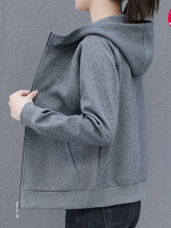 High-Quality Cotton Jacket for Women, Zip-Up Hooded Sweatshirt, Spring and Autumn Casual Short Cardigan Jacket, Long-Sleeved Loose Plus Size