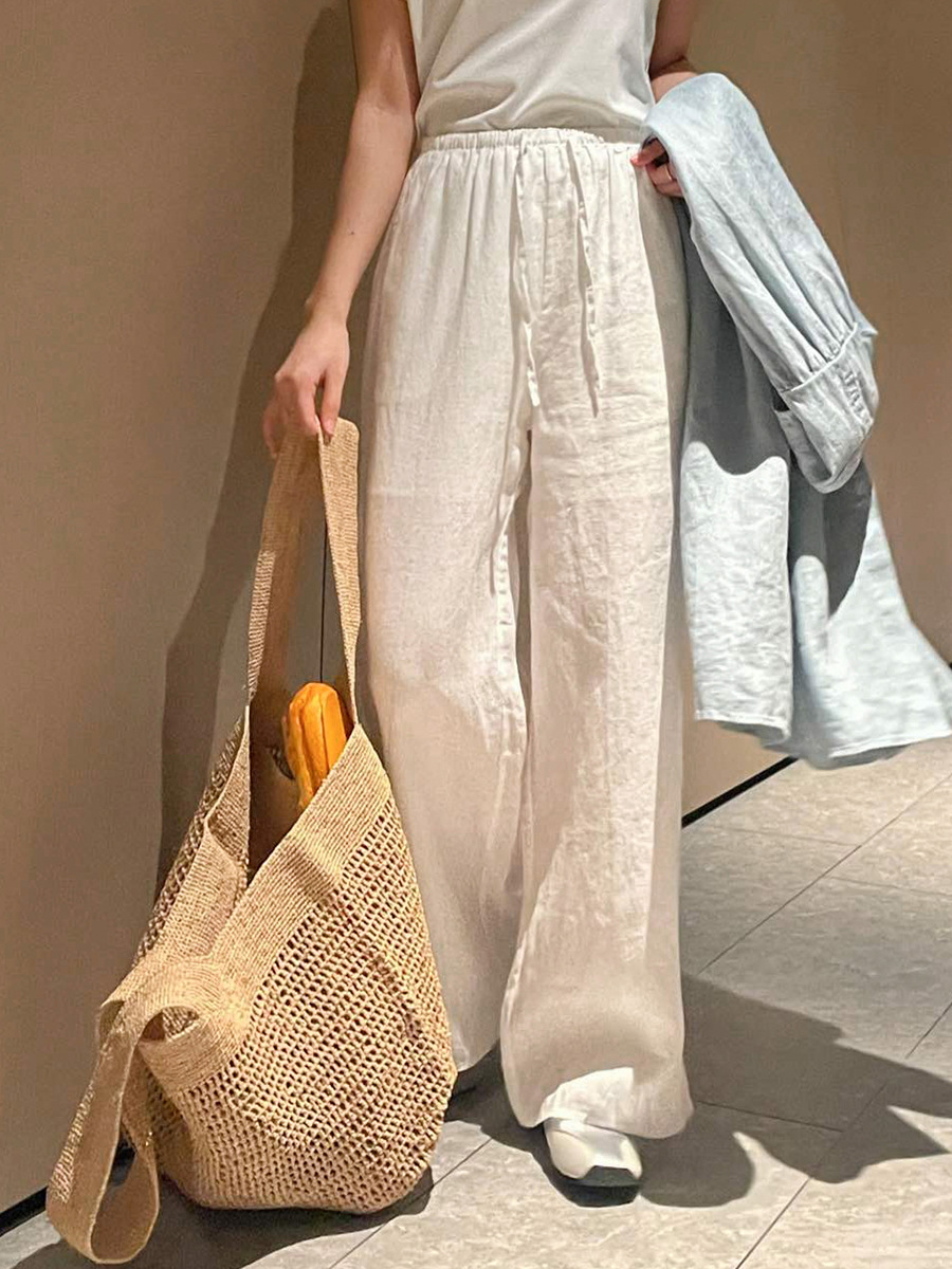Plus High-End 100% Linen Straight-Leg Pants for Women, Spring and Summer Style, Moisture-Wicking and Breathable, Full Linen Loose Wide-Leg Pants