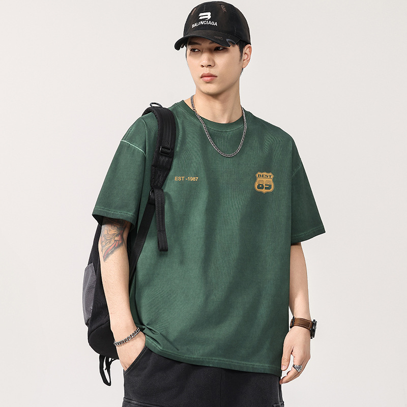 T3728 | plus size Men's Summer New 280g Heavy Tide Brand Printed T-shirt Men's Loose Dirty Wash Retro Short Sleeve