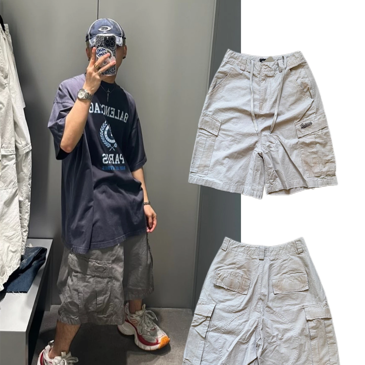 BLCG 25FW Summer New Wash Handmade Dirty Grey Loose Wide Leg Work Shorts Men's and Women's Trendy Pentagram Pants