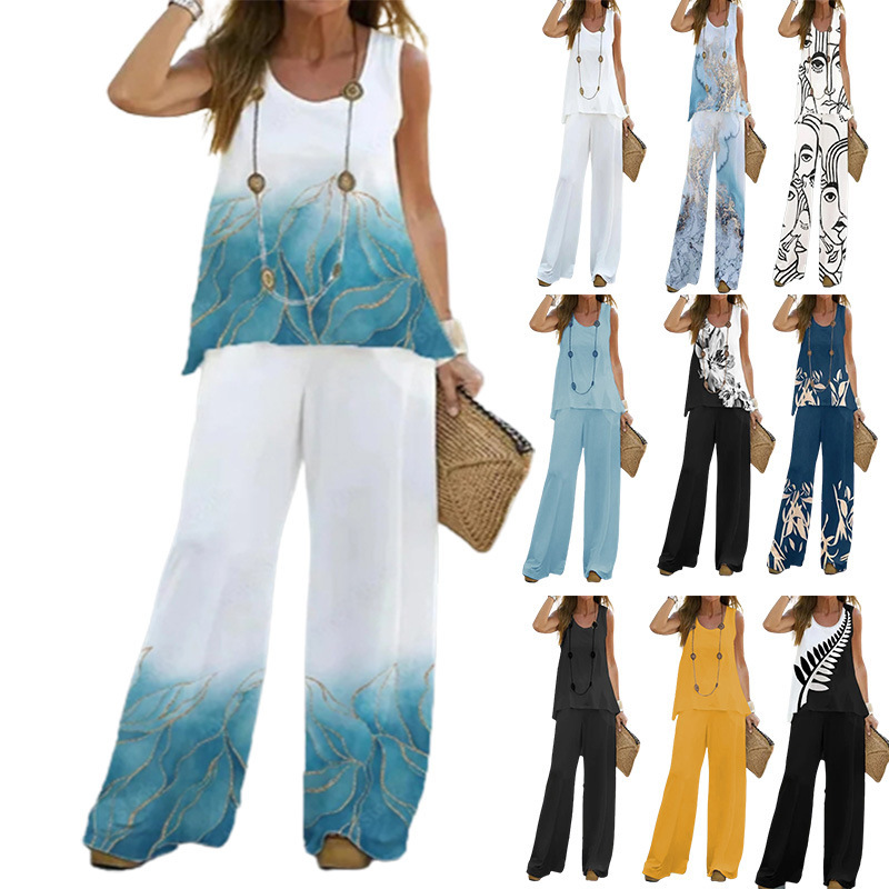 2023 Cross-border Two-piece Printed Suit Summer Casual Women's Vest Top Staggered Waist Trousers Two-piece Suit