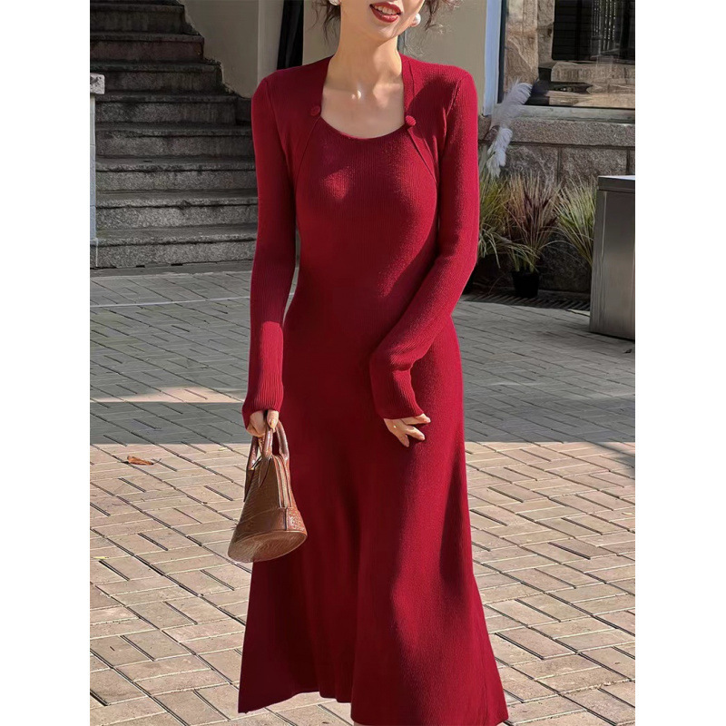 New Style, Light and Mature Style, Square Collar Mid-Length Bottoming Skirt, Hong Kong Style Retro Waist Slimming Long-Sleeved Bottoming Knitted Skirt