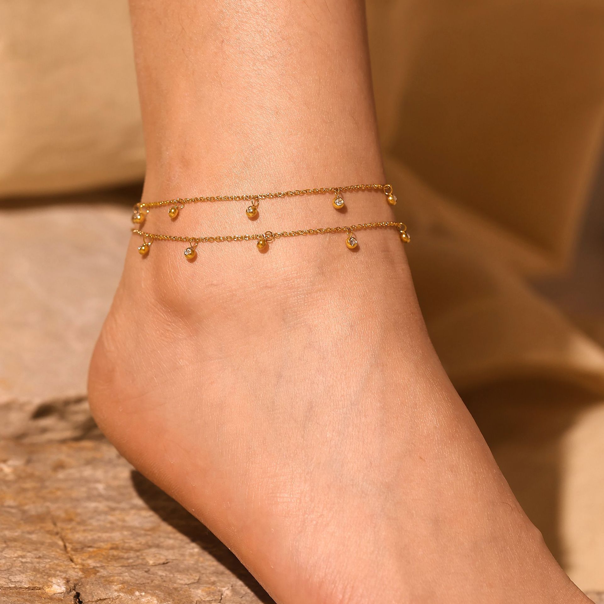 Sugar Stainless Steel Round Bead Zircon Foot Chain Niche Joker Light Luxury Foot Chain Accessories Source Factory Small List Quick Return