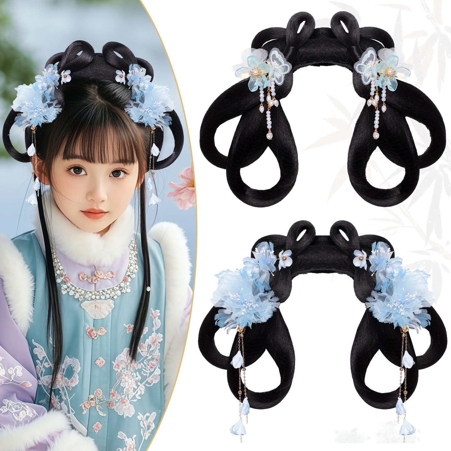 Ancient Style Hanfu Wig and Hair Accessories for Women, Versatile Integrated Hair Bun for Traditional Costume Photoshoots, Fresh Floral Hair Accessory Set
