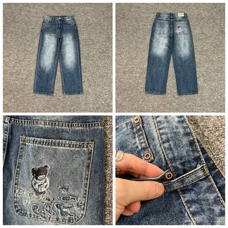 American Style Derschutze Street Embroidered Logo High Street Loose Straight-Leg Denim Pants for Men and Women Casual Trendy Brand