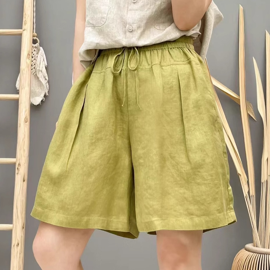 Pure Linen Shorts 2026 Summer New Style Hand-Pleated Casual Pants for Women, Slimming and Loose-Fitting Pants 2563