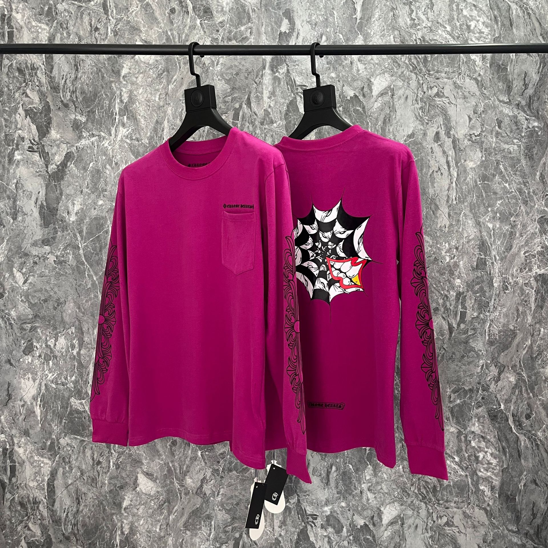 Cross-Border Chrome Heart High-Quality Pure Cotton Sanskrit Horseshoe Round Neck Men's and Women's Printed Long-Sleeved T-Shirt