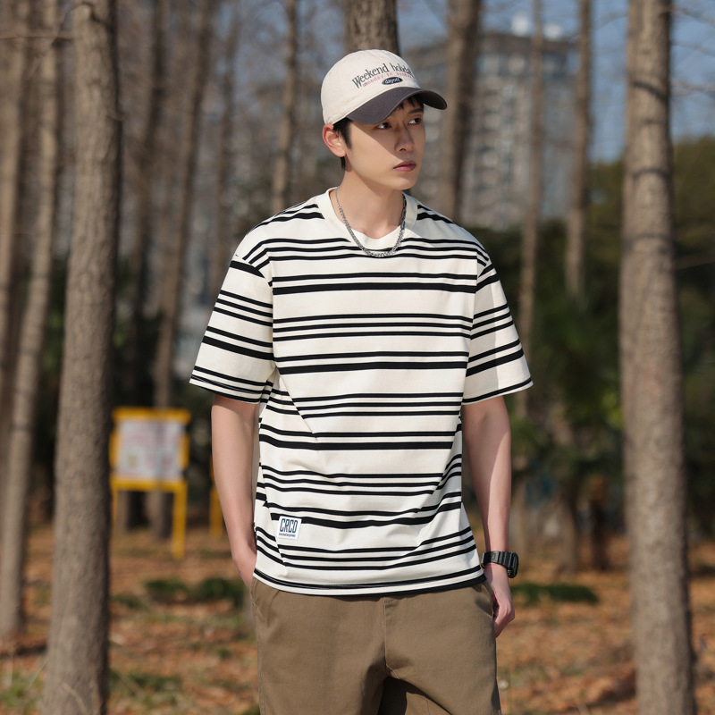Short-sleeved T-shirt Men's Summer New Fashion Brand Ins Casual Half-sleeved T-shirt American-style Striped Loose Men's Top