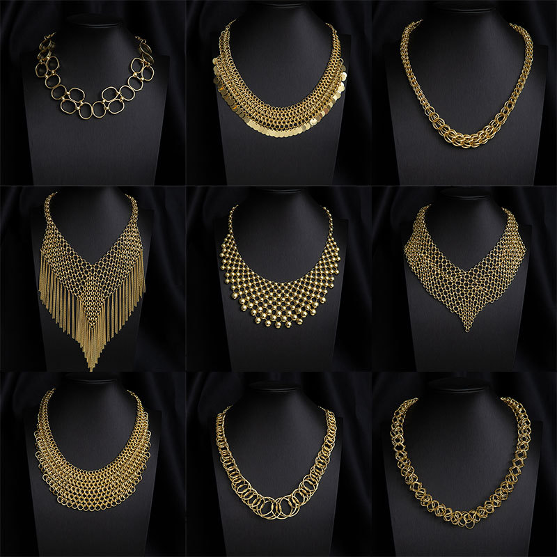 Cross-Border Hot-Selling Foreign Trade Necklace, Geometric Circular Splicing, Personalized Statement Jewelry, Exaggerated European and American Style Metal Tassel Clavicle Chain