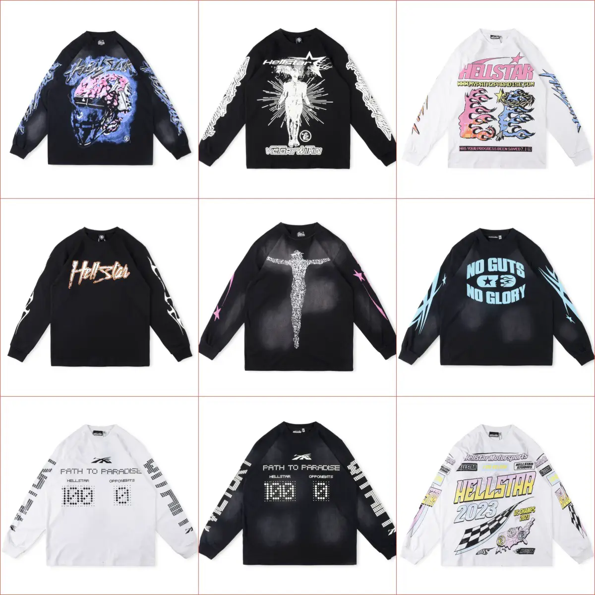 Hellstar Retro Rib Retro Skeleton Print Loose Long-Sleeved Round Neck T-Shirt for Men and Women Couples