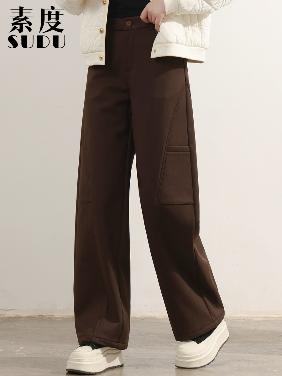 New Winter Thickened Fleece Sickle Pants Coffee Color Spliced Warm Slimming Workwear Style Casual Pants for Women