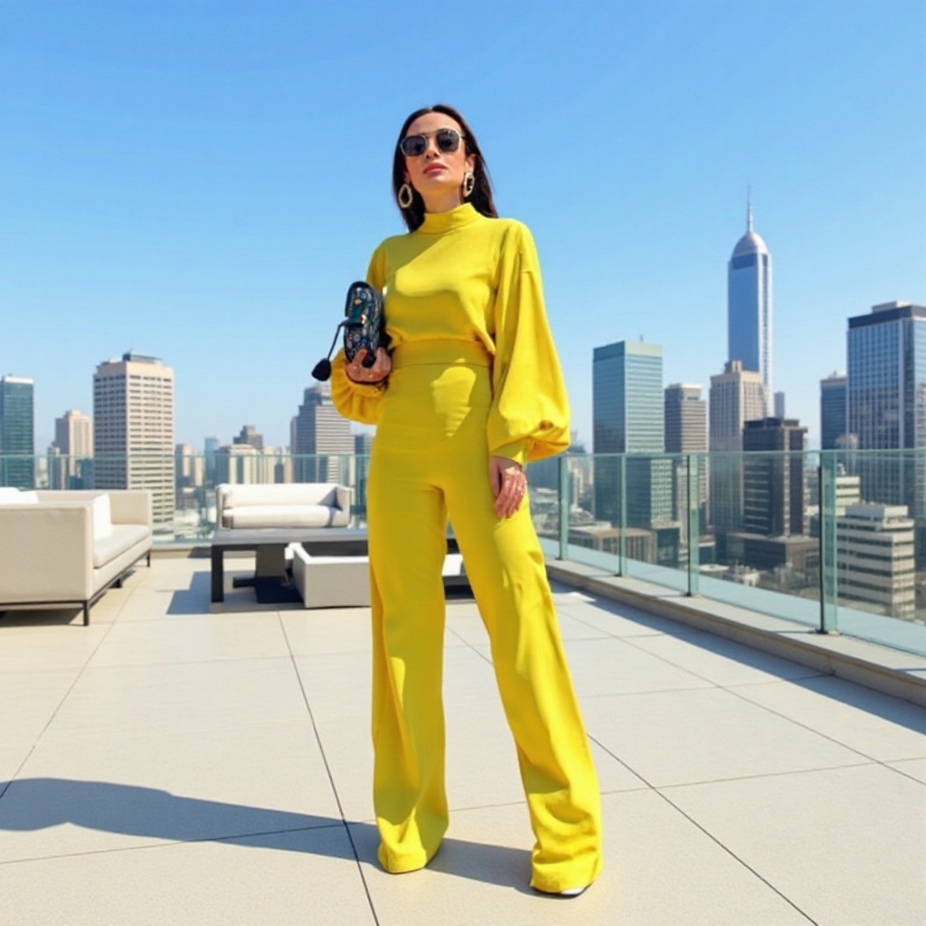 2022 Spring European and American Women's Solid Color Half-High Collar High-Waisted Slim Lantern Sleeve Wide-Leg Jumpsuit Slimming Commuter