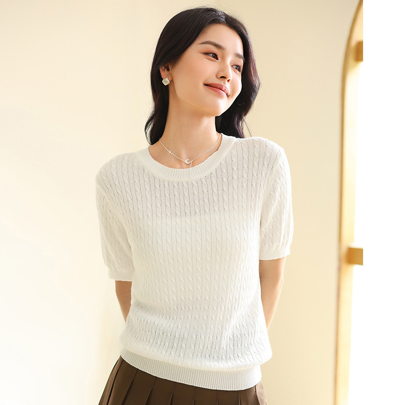 Women's All-Cotton Round-Neck Cable-Knit Short-Sleeve Knit Shirt 2026 Spring/Summer New Fine-Spun Cable-Knit Elegant Pure Cotton T-Shirt