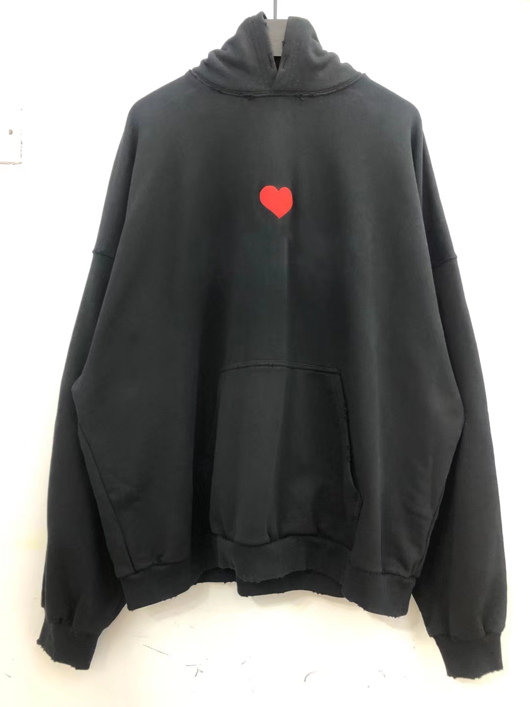 In Stock Ietements Red Heart Black Unisex Oversized Red Heart Embroidered Distressed Hoodie Sweatshirt