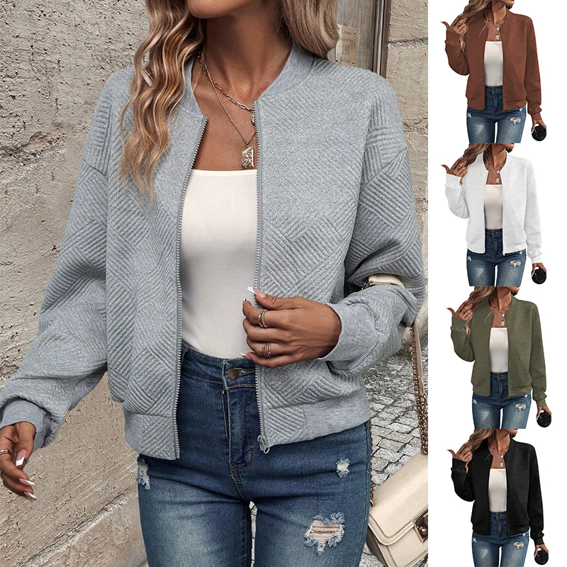 Amazon Europe and the United States cross-border foreign trade 2025 autumn and winter new solid color zipper jacket baseball collar casual coat ladies